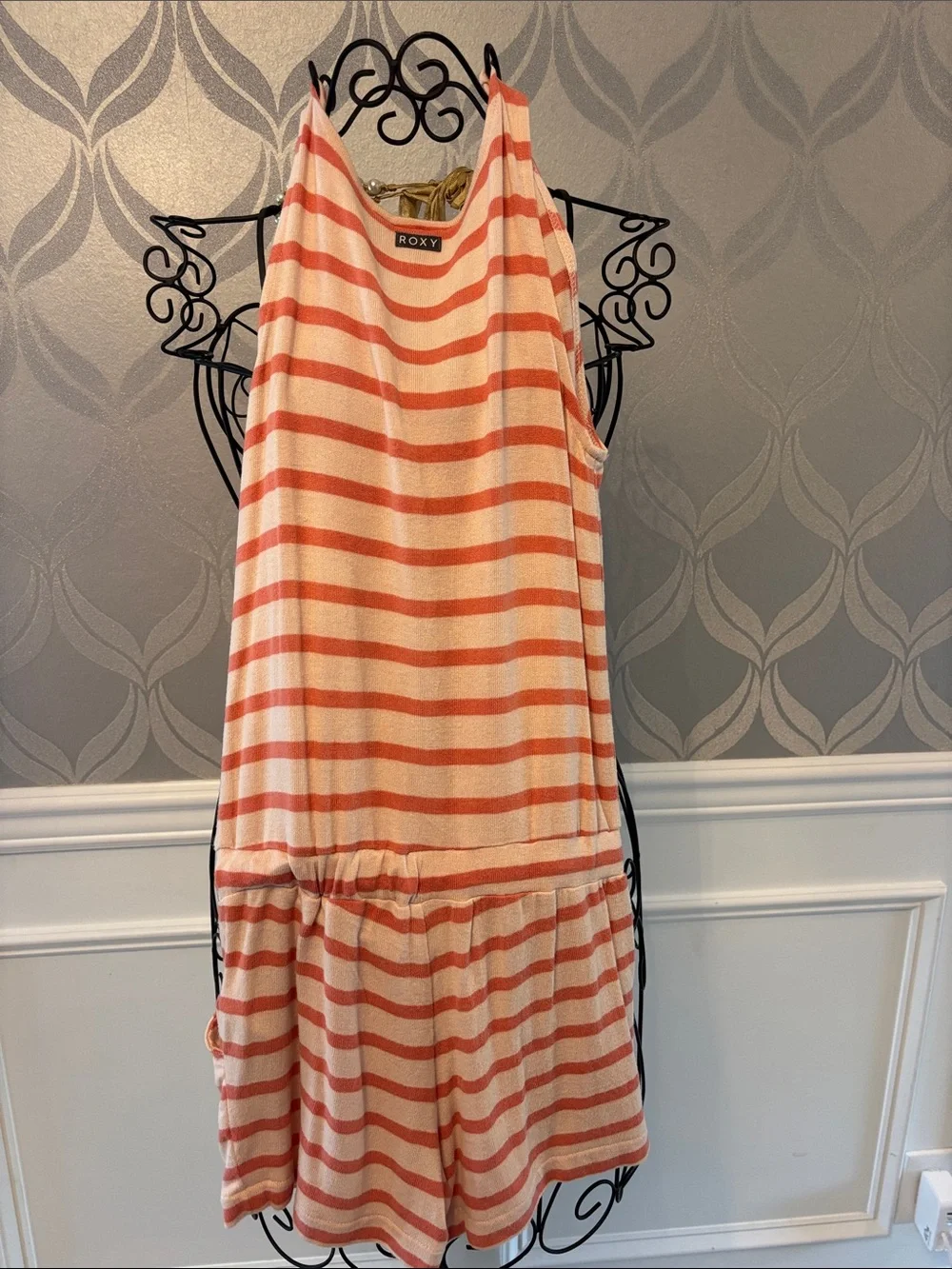 Girls' Striped Sleeveless Peach & Cream Romper
